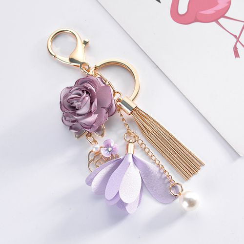 Key Ring Bow Pendant Keychain Charm Crystal Chain Bag Tassel Rose Flower Jewelry